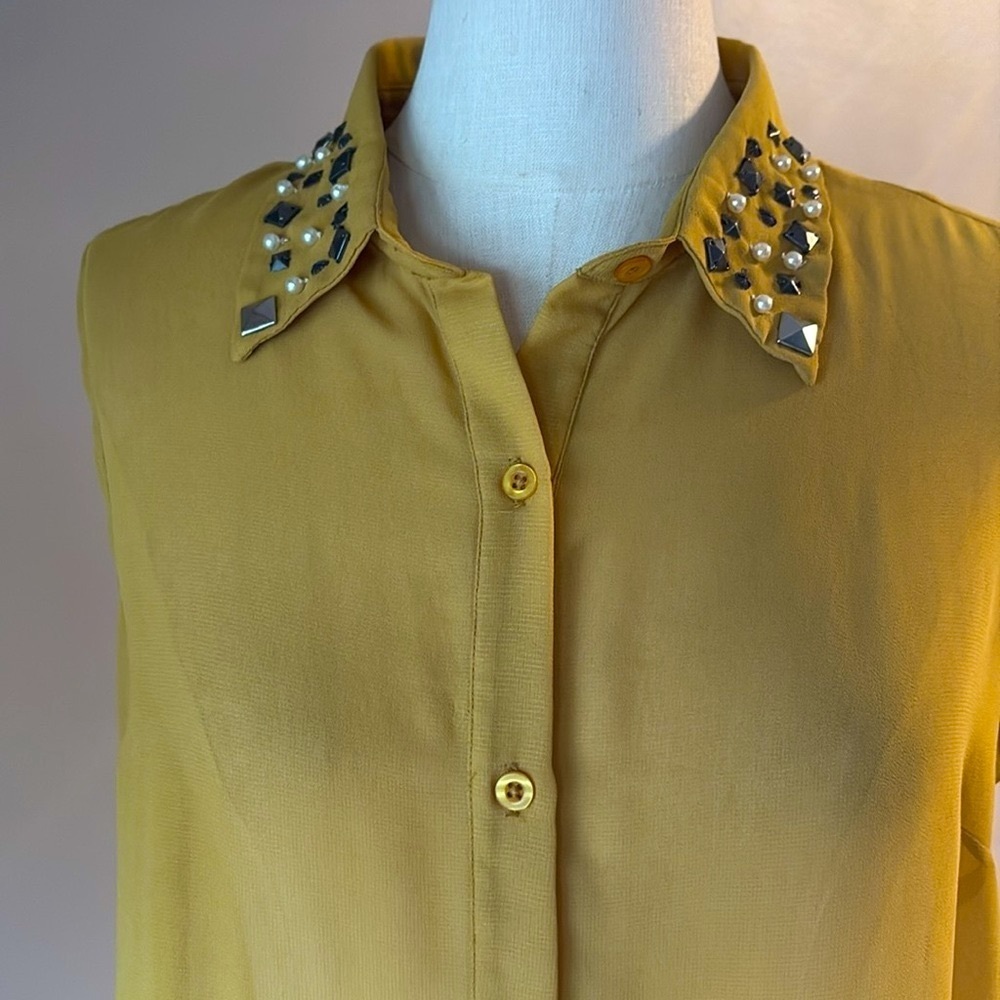 Bar III jeweled Embellished collar sheer Button Down Blouse mustard yellow Large